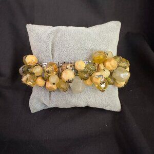 Yellow amber "Cha Cha" Expansion Metal Bracelet, Silver Tone Faceted Beads